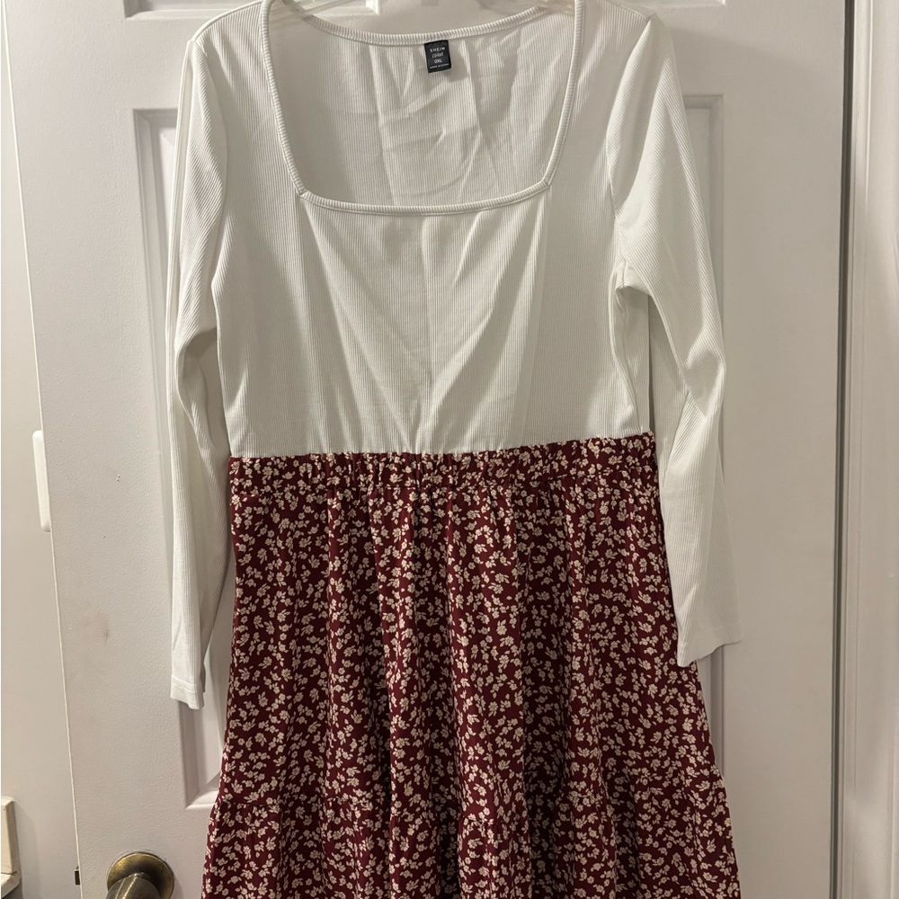 White and Red Floral Long Sleeve Dress